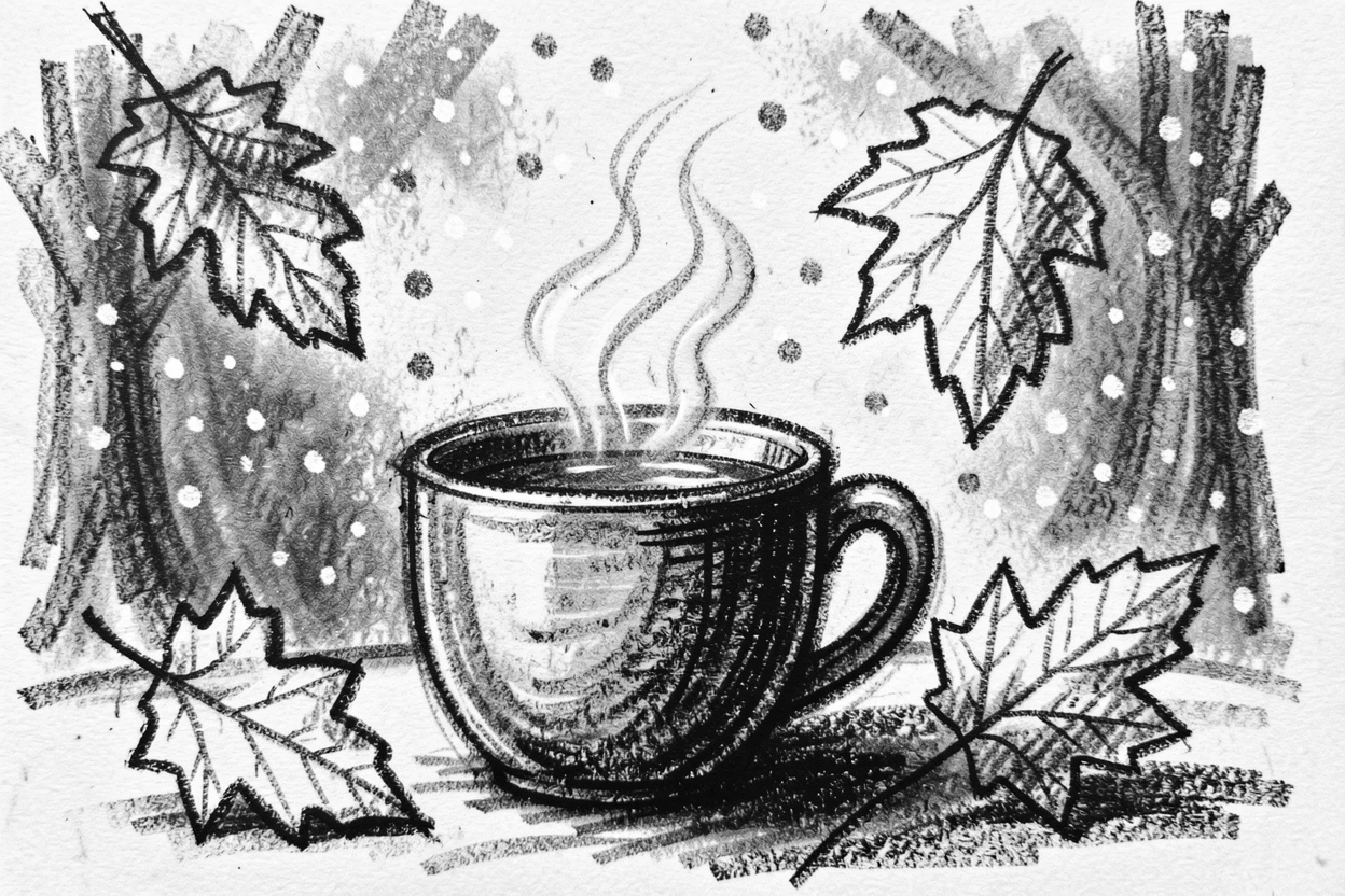 A cozy autumn scene with a steaming mug and falling leaves, under a soft blanket of falling snow.