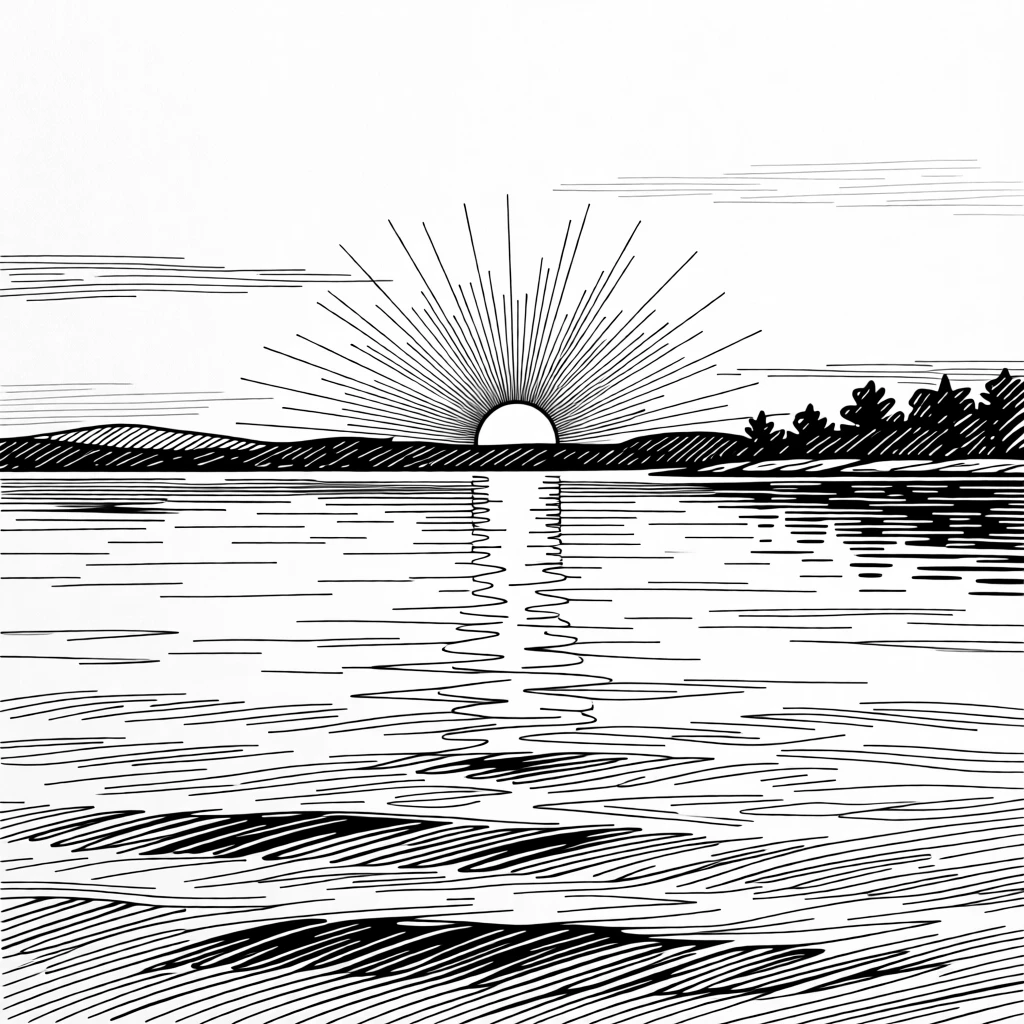 A glowing sunset reflecting warmly across a calm, rippling lake.