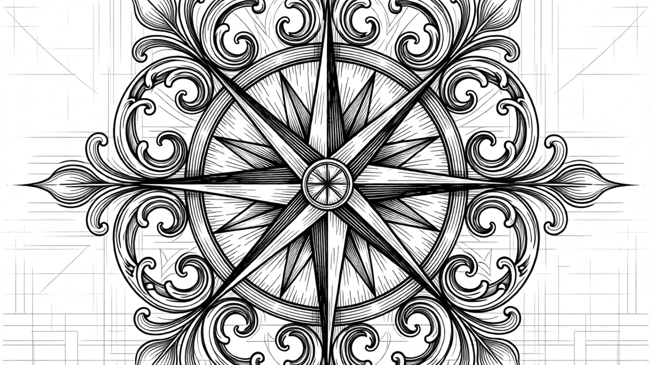 A decorative compass rose surrounded by ornamental flourishes centered as a striking focal ornament, with layered textures adding depth to the design, forming a gracefully composed decorative composition.