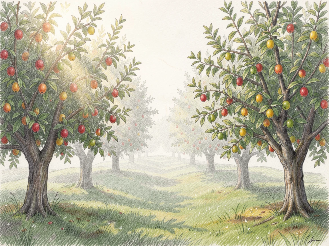 A pastoral orchard mist settling over rows of ripening fruit trees, with a gentle play of light and shadow across the composition, full of charm, emotion, and visual delight.