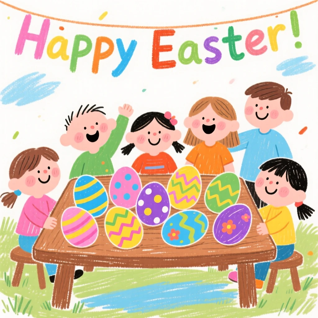 A table of Easter eggs displayed at the center of a festive gathering.