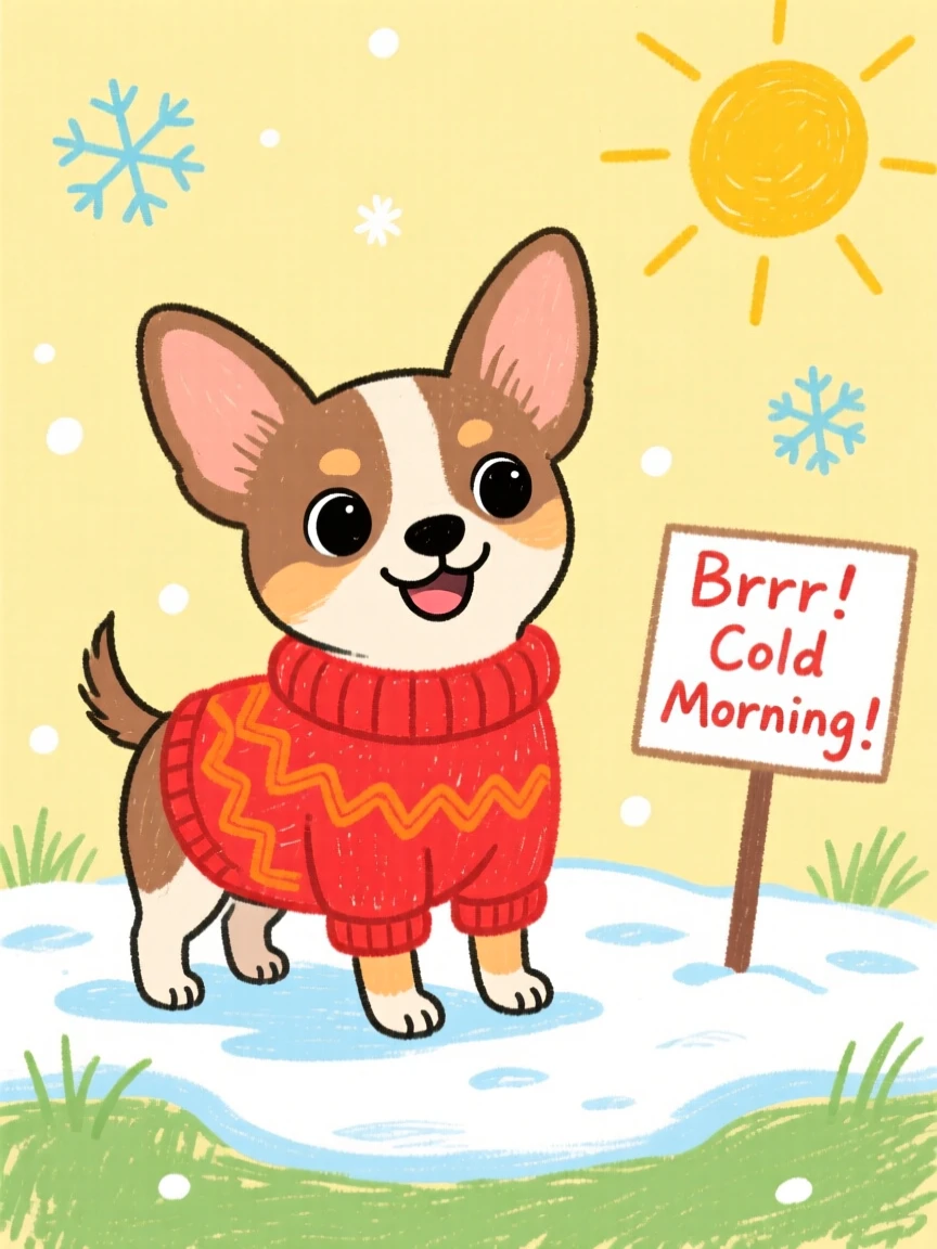 A tiny chihuahua wearing a tiny knitted sweater on a cold morning.