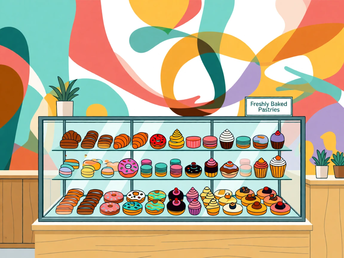 A trendy bakery display case filled with colorful pastries, set against a colorful mural-covered wall, arranged with a fresh, contemporary sense of composition, with a sense of community and connection in every detail.
