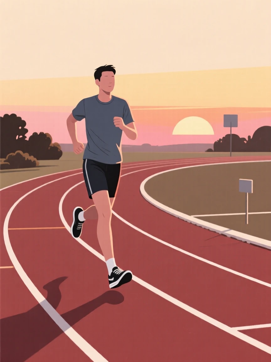 A runner training alone on an empty track at sunrise.