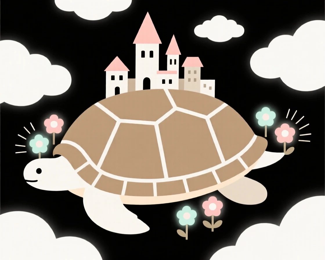 A magical city built atop a turtle's shell nestled within a world made entirely of clouds, glowing near clusters of luminous flowers, full of whimsical fantasy.