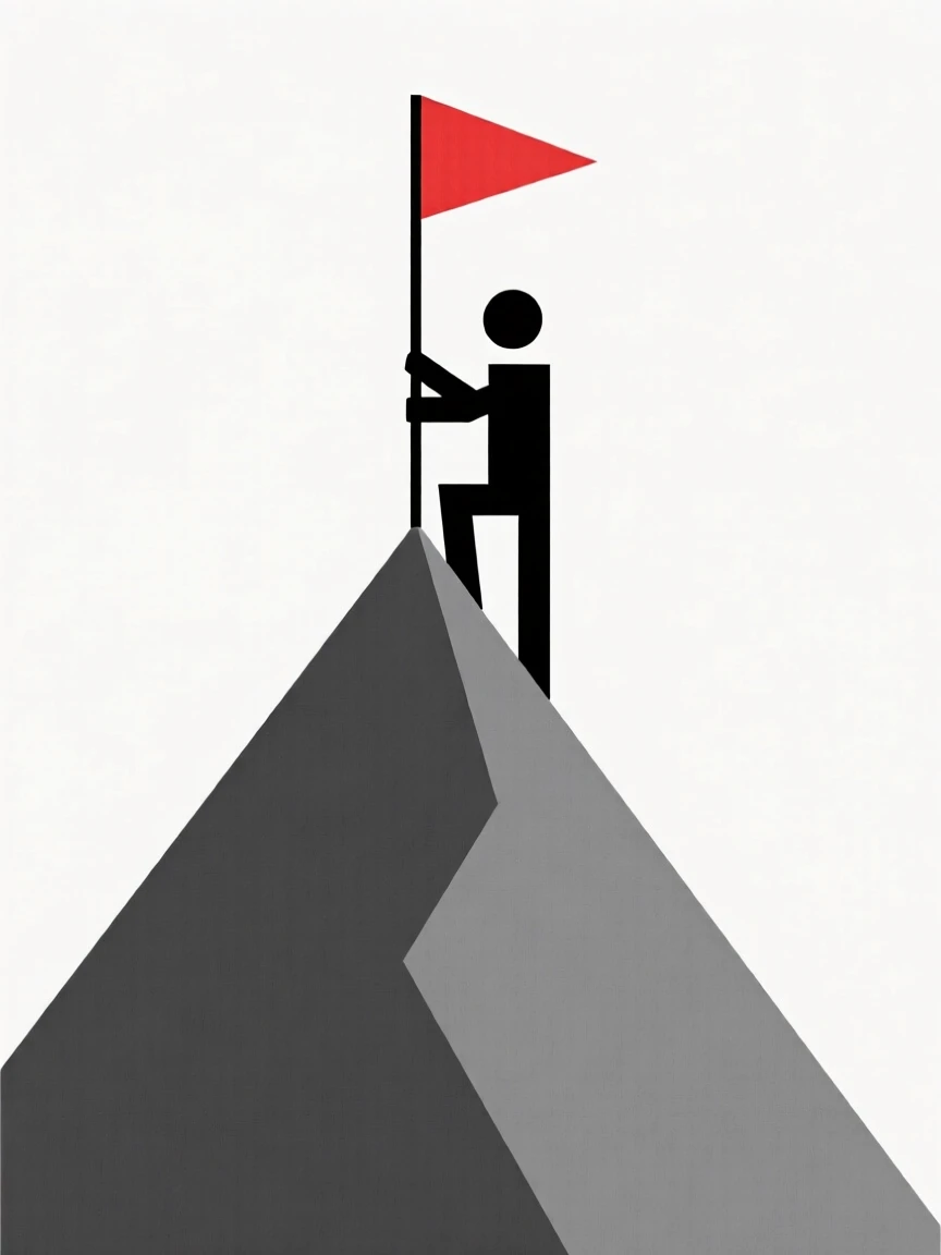 A mountain climber planting a flag at the summit