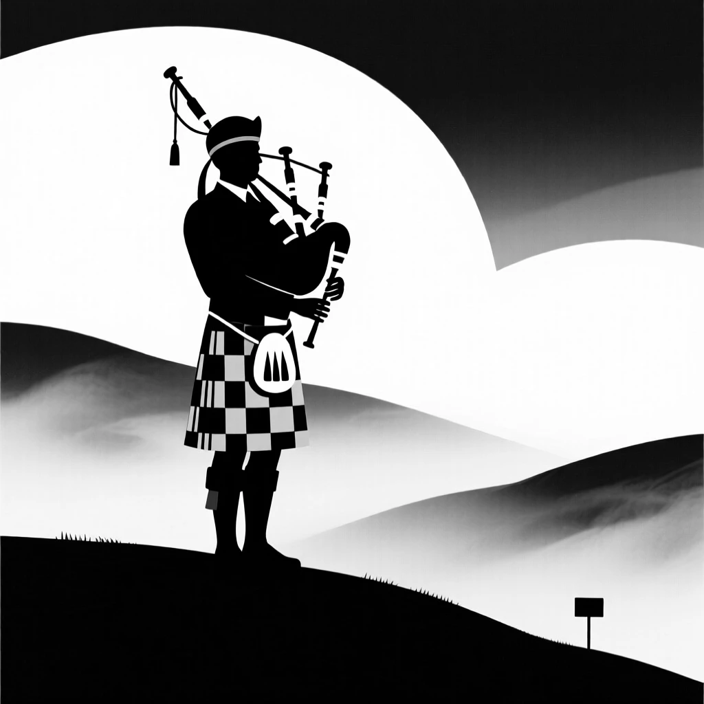 A bagpiper playing on a misty Scottish hillside.