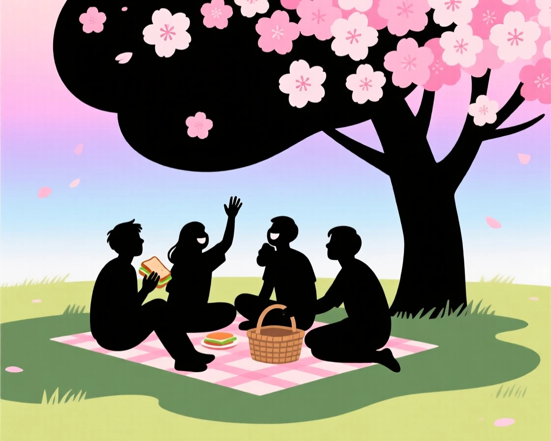 A group of friends sharing a picnic beneath a blossoming cherry tree.