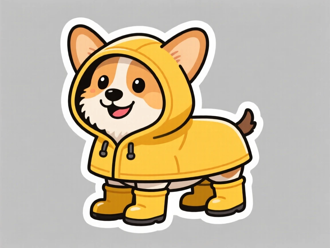 An irresistibly wholesome small dog wearing an oversized raincoat and boots, bringing an instant smile to anyone who sees it, a simple moment that feels universally loved.