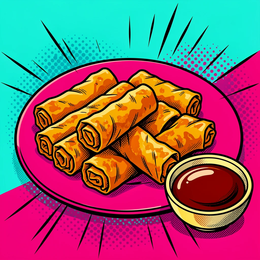 A plate of crispy spring rolls with dipping sauce