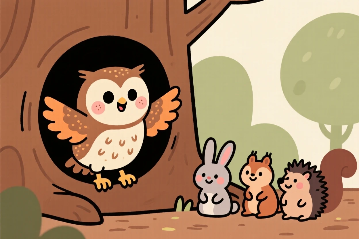A curious owlet explores a hollow tree for the first time, stretching its wings while a nearby group of onlookers watches with gentle patience.