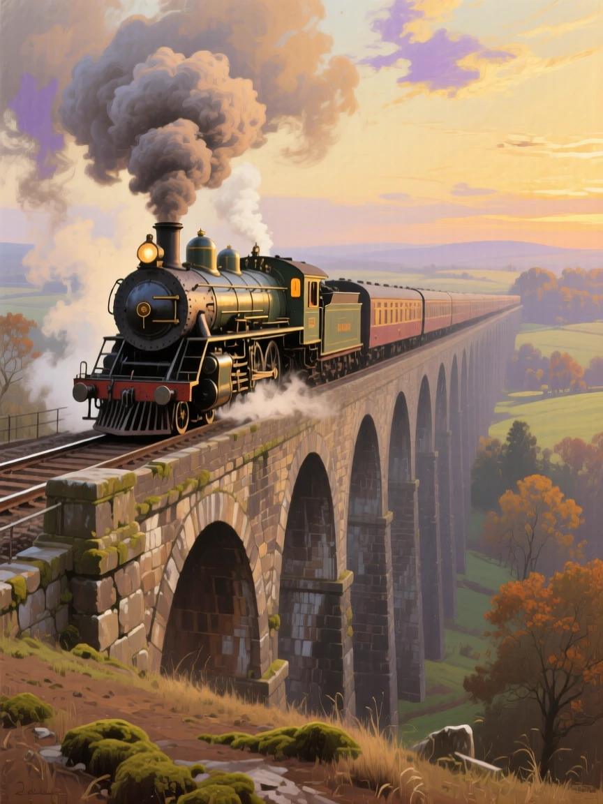 A well-framed scene of a steam locomotive thundering across a stone viaduct wreathed in smoke, in the 1920s, in late afternoon.