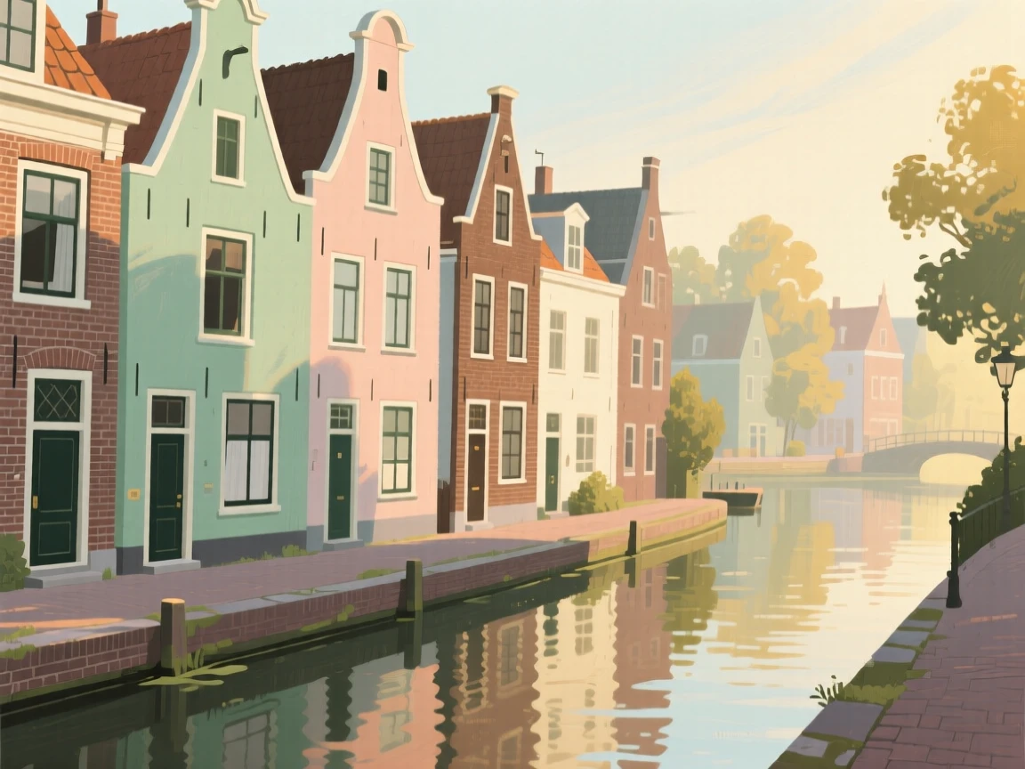 A canal-side street in a Dutch town lined with narrow gabled houses