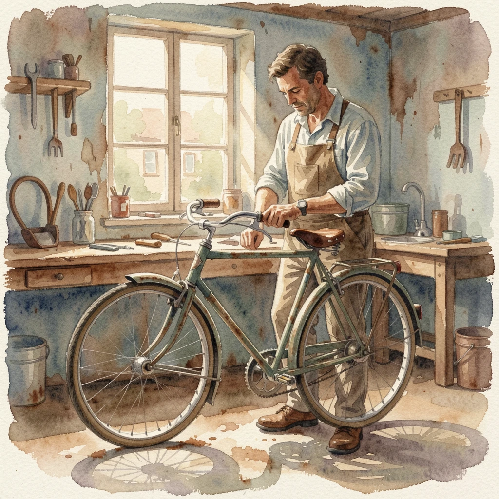 A man repairing a vintage bicycle in his garage.