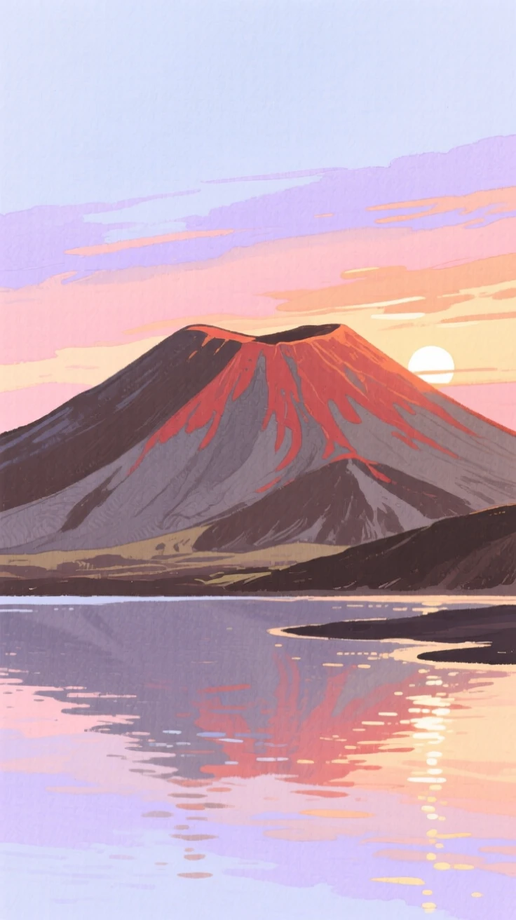 A breathtaking view of a volcanic ridge in the soft glow of dusk, with reflections shimmering across still water
