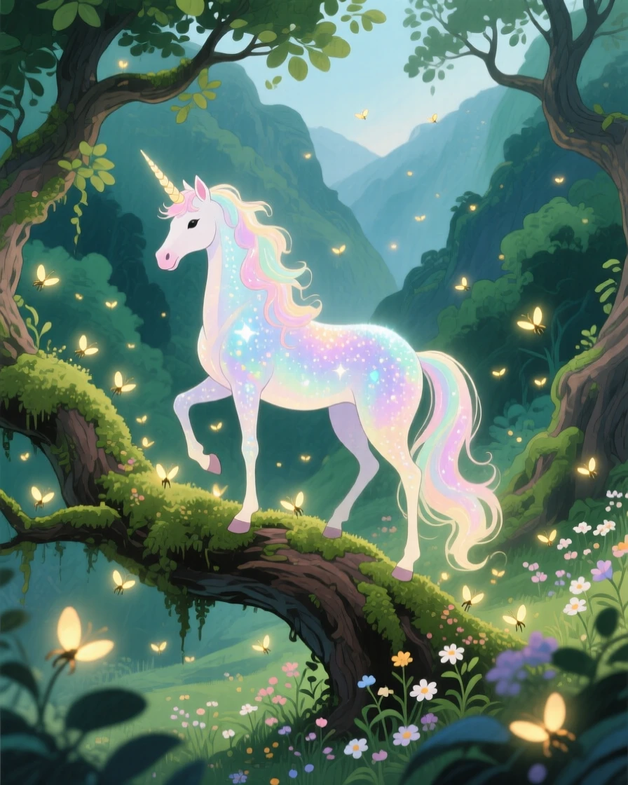A shimmering unicorn perched on a mossy branch surrounded by fireflies, in a hidden valley untouched by time, filled with a sense of peaceful mysticism.