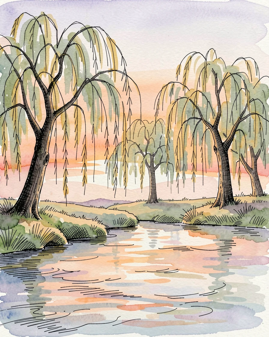 A quiet riverbank lined with weeping willows trailing into the current, the last rays of sunset painting the sky in warm color.