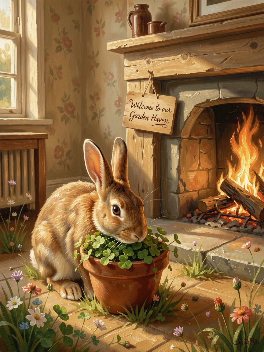 At golden hour, casting a warm glow over everything, a rabbit nibbling clover in a garden, beside a crackling fireplace in a cozy room, its ears perked up, listening intently.