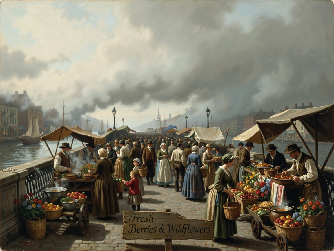 Street vendors fill a bustling city bridge as fog rolls in from the harbor.