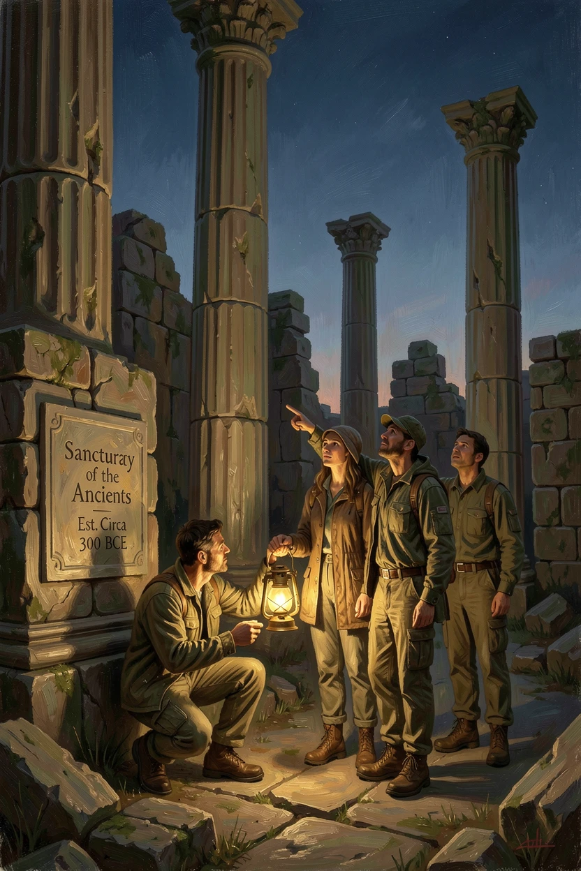 A group of travelers exploring ancient ruins by lantern light at dusk, as the vastness of the destination dwarfs the traveler in scale, capturing the excitement, freedom, and wonder of travel