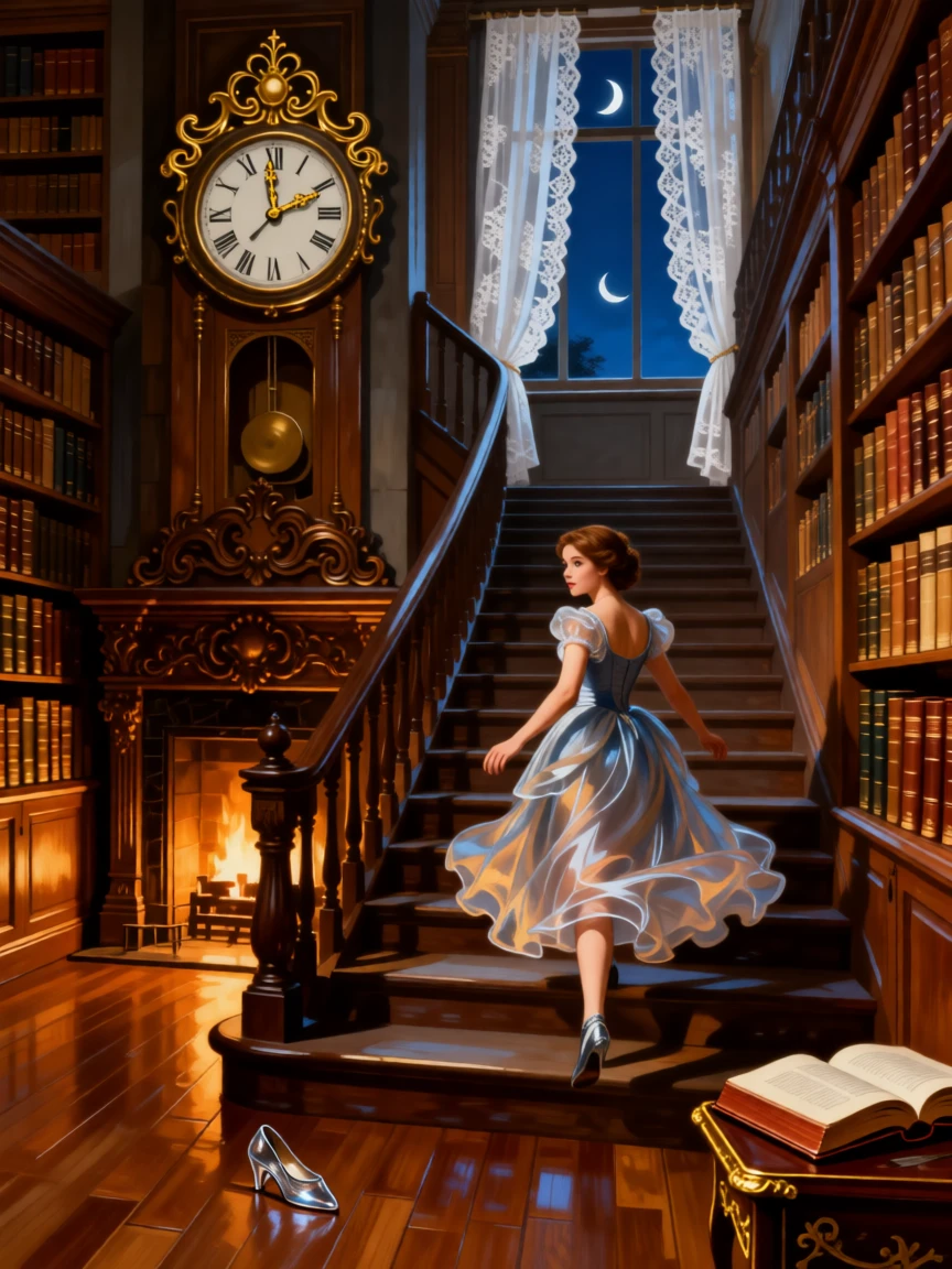 Cinderella fleeing down a grand staircase as the clock strikes midnight at the exact moment magic and reality intertwine, set within a cozy library filled with worn, beloved books, with a crescent moon rising behind delicate lace curtains; foreground props hint at the tale without overwhelming the central figure, suggesting the enduring power of myth and memory.