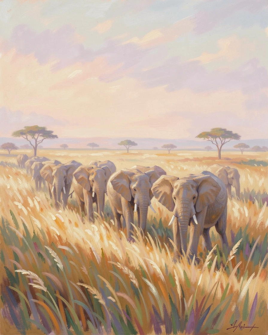 A herd of elephants walking together across the golden grasslands of the African savanna at sunset, in the gentle hush of early morning.