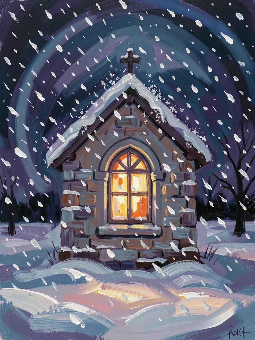A quiet chapel window glowing softly against the darkness of a snowy winter night.