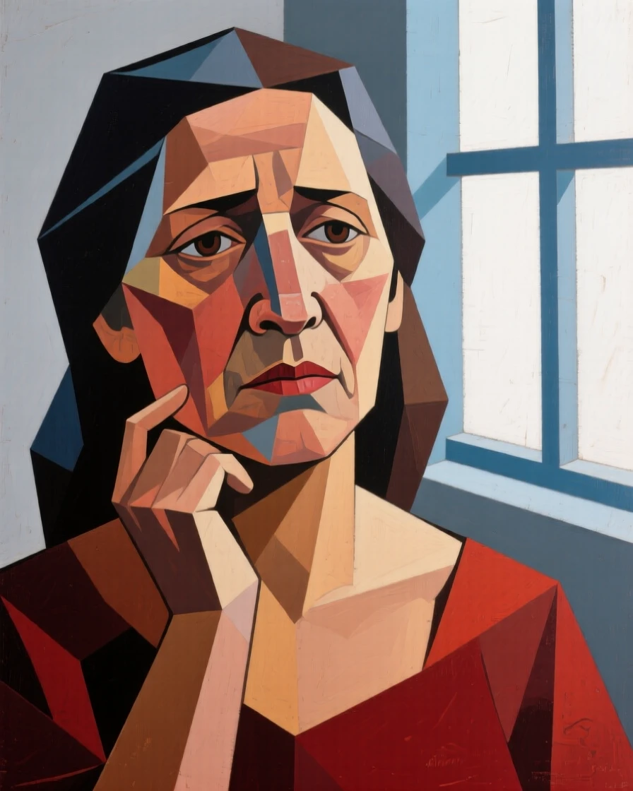 A close-up portrait of a middle-aged woman of Mexican heritage, lost in quiet thought, in soft window light.