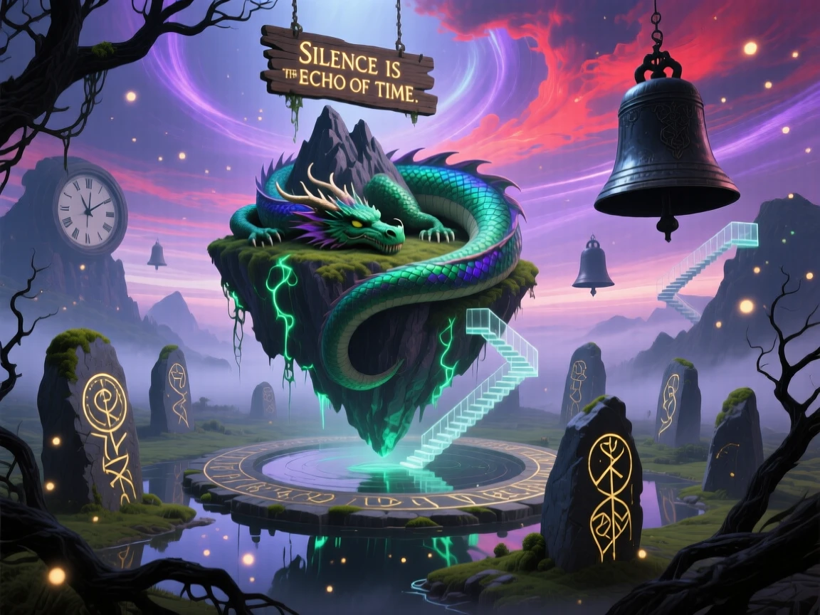 A dragon curled asleep around a floating mountain peak stands motionless at the center of an ancient stone circle, while distant bells seem to ring without any wind.
