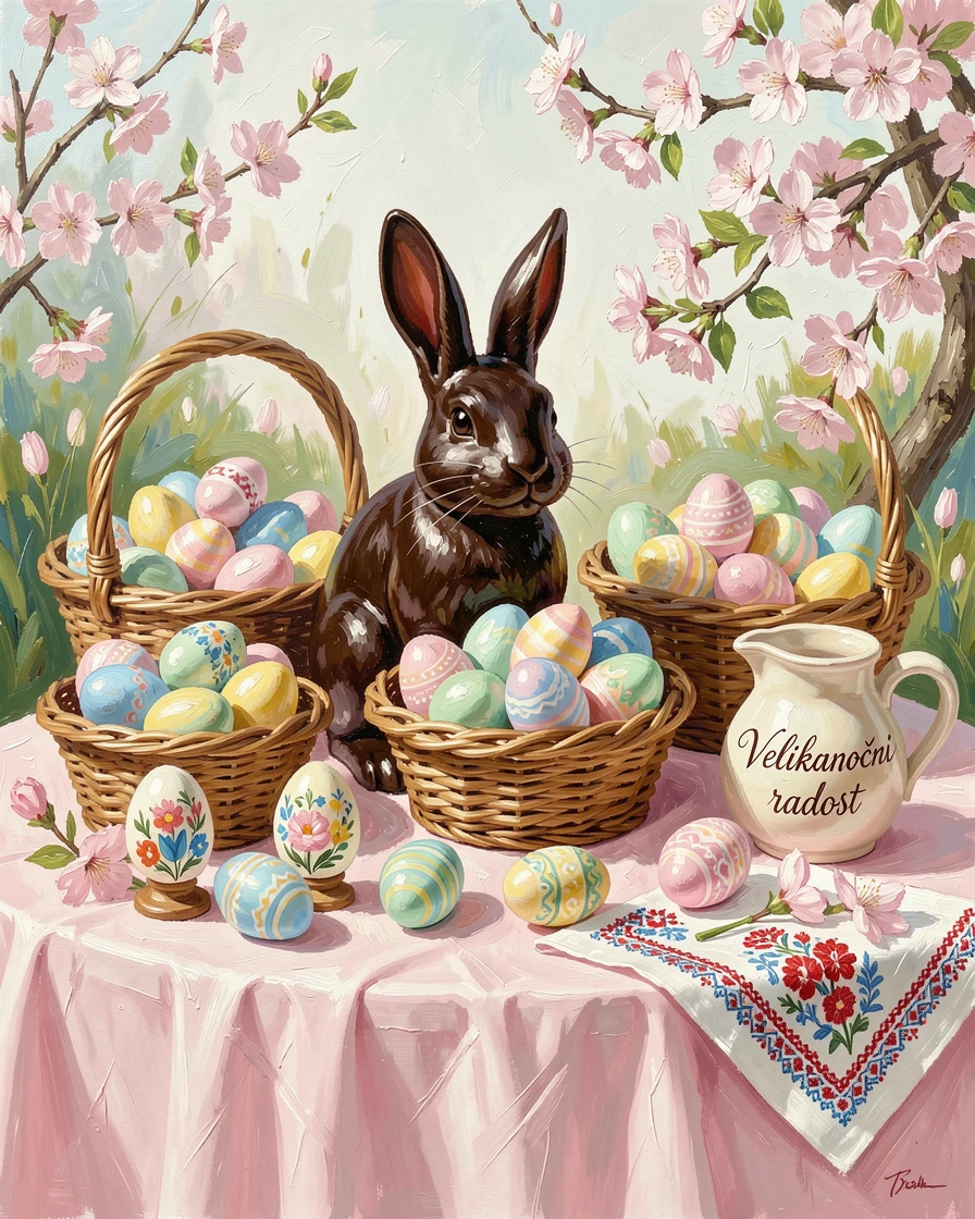 A festive Easter table is set with pastel decorations, a chocolate bunny centerpiece surrounded by baskets of colorful eggs, small cultural details woven throughout the scene, grounding it in a specific time and place.