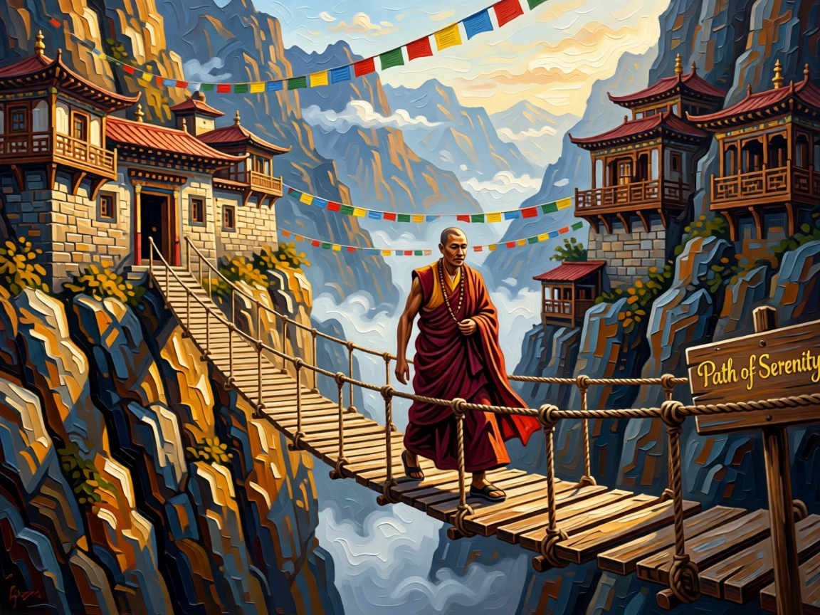 A lone monk walking across a rope bridge strung between two cliffside monasteries
