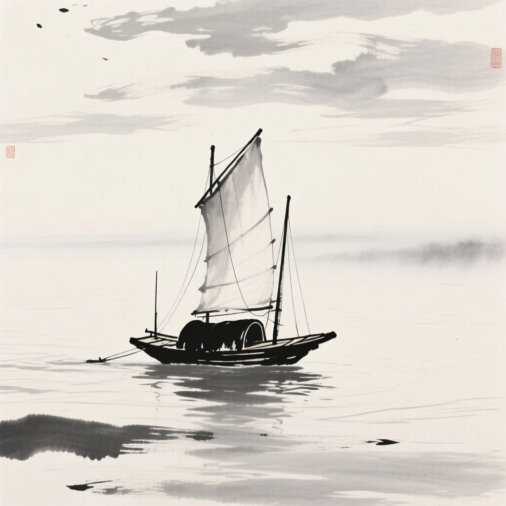 A fishing junk sails across open water beneath a sky full of drifting clouds, as mist drifts slowly across the water's surface.