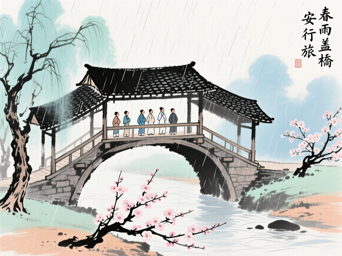 A covered bridge sheltering travelers from a passing rain, as spring blossoms unfold, brimming with peaceful contentment.