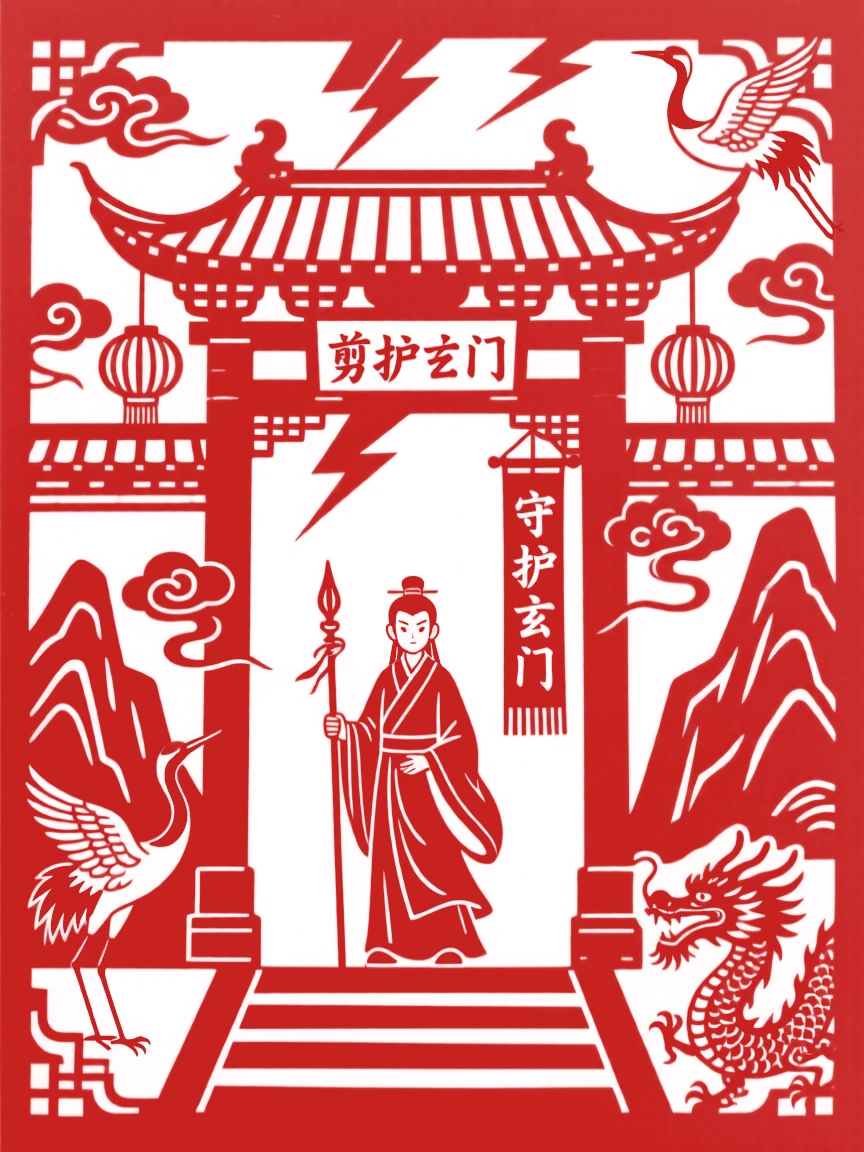 A young immortal, guarding the gate of a hidden mountain temple, as thunder rumbles across distant peaks.