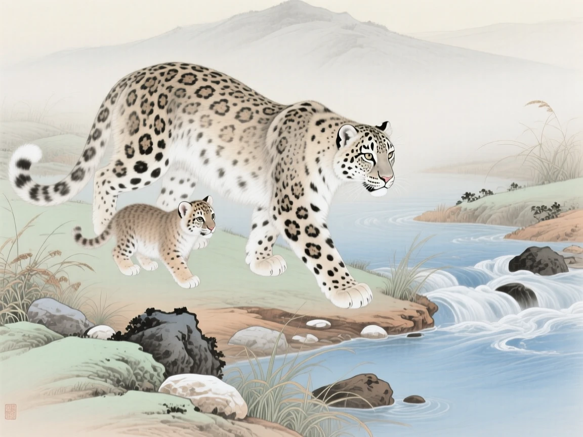 A snow leopard following its mother along a riverbank