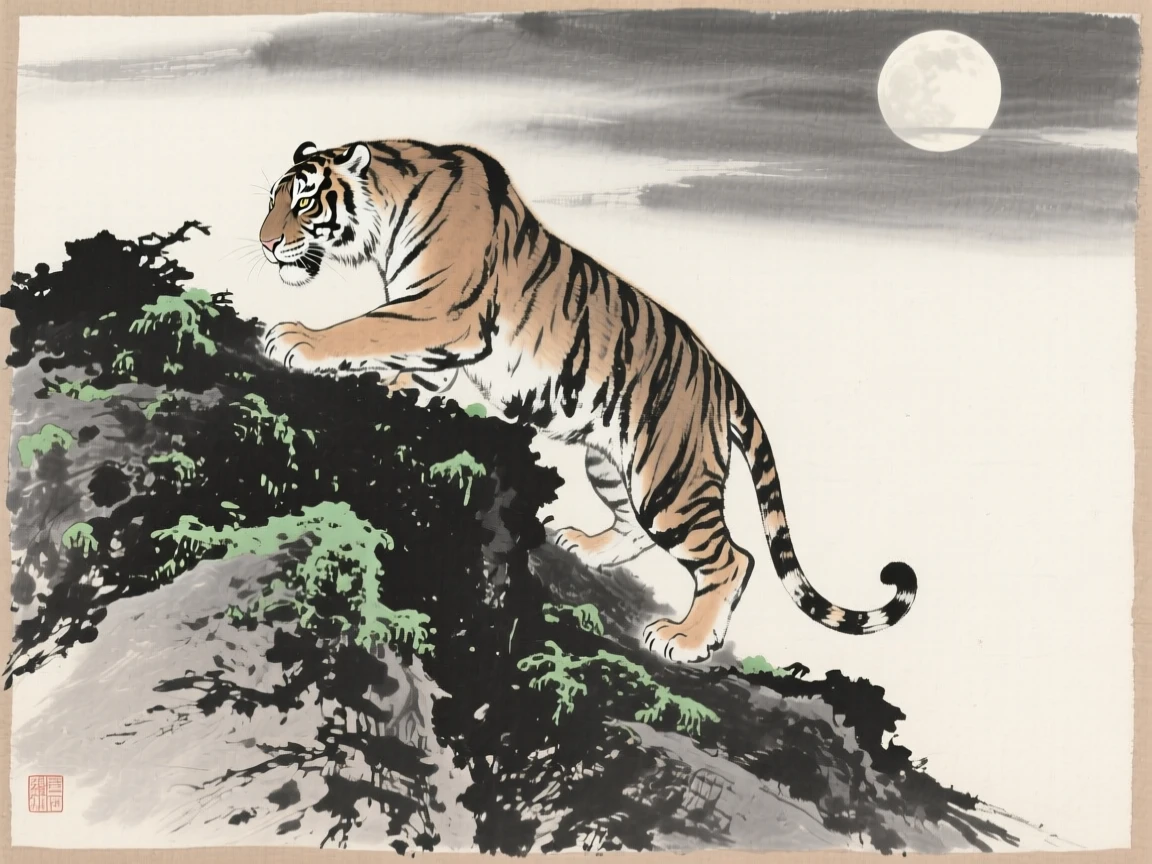 A tiger climbing a steep, moss-covered slope in a moonlit clearing, framed low to the ground for an intimate, close perspective, conveying quiet strength and natural grace.