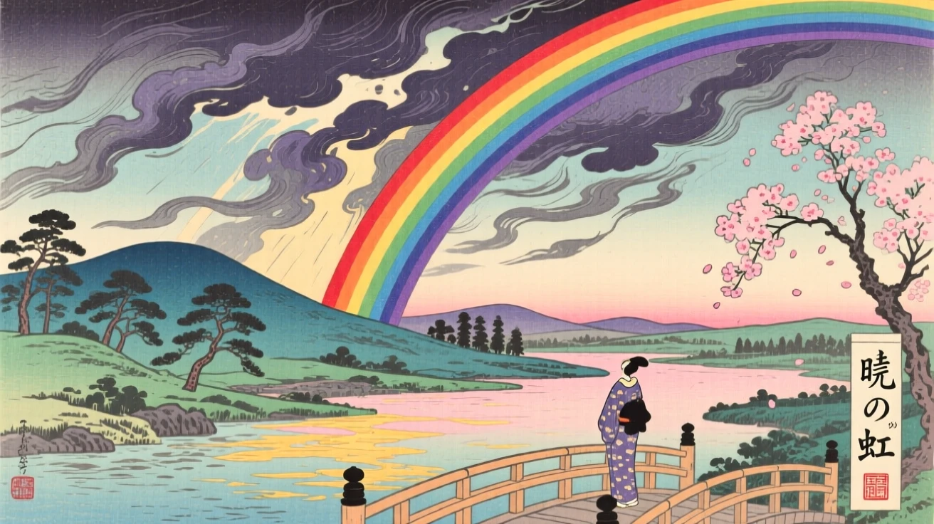 Storm clouds parting to reveal a rainbow, at the break of dawn.