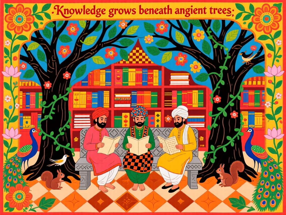 A grand library garden where scholars once studied beneath old trees.