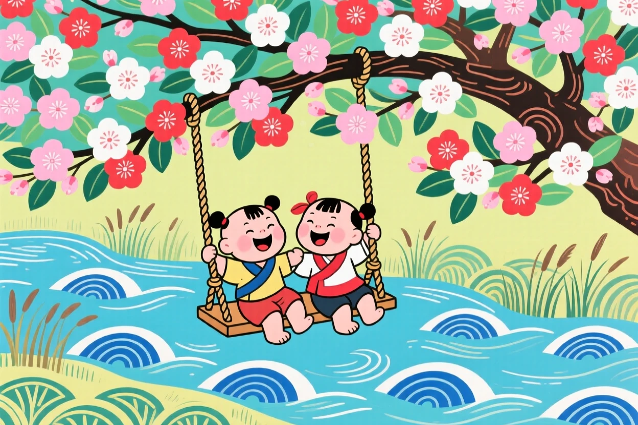 Children laughing together on a rope swing over a river beneath a canopy of blossoming trees.