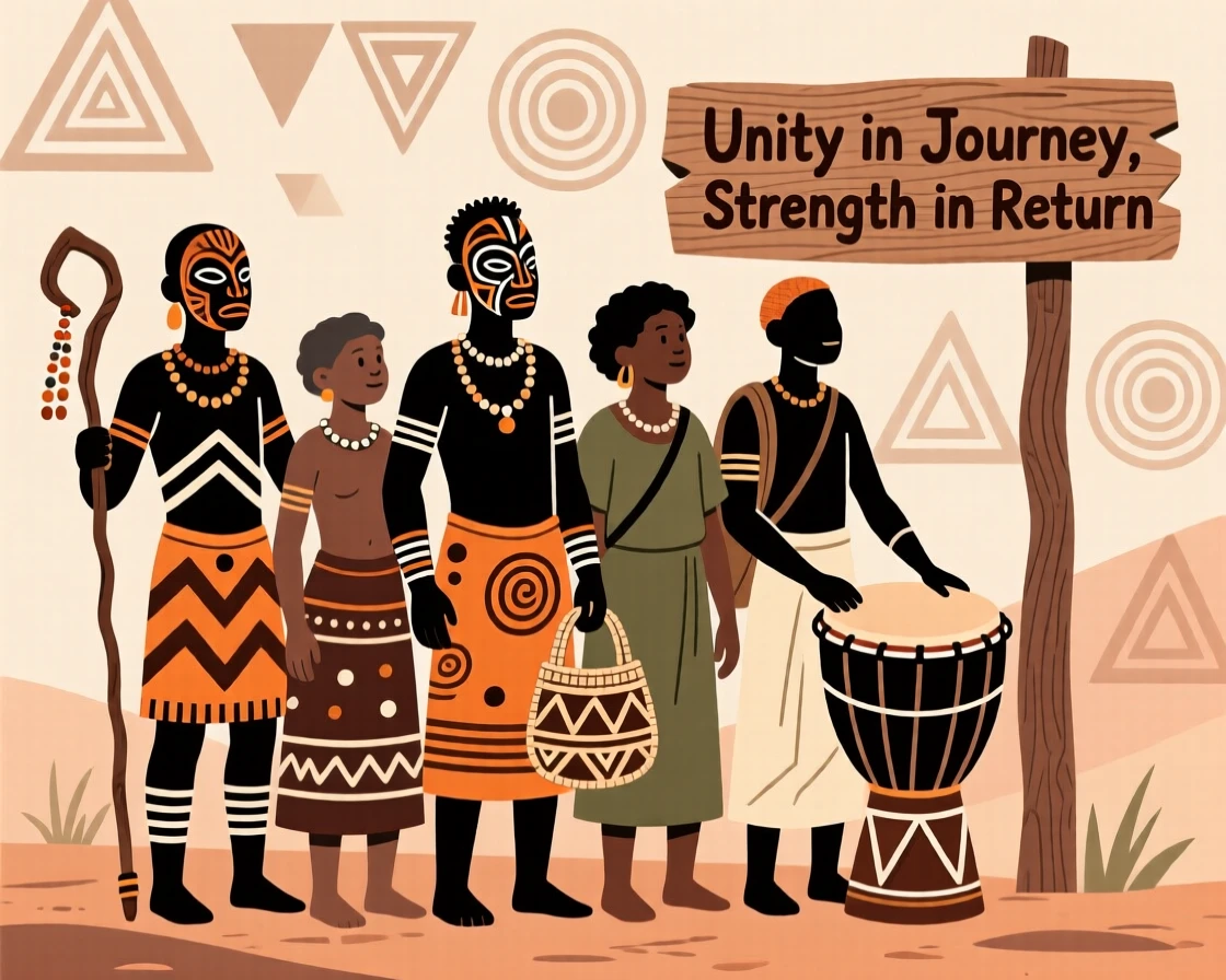 A returning group of travelers standing united during a time of celebration.