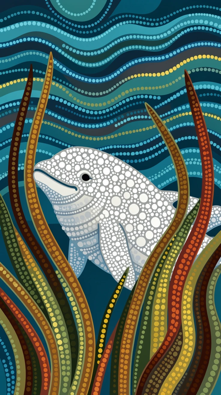 A beluga whale hidden among swaying sea grass