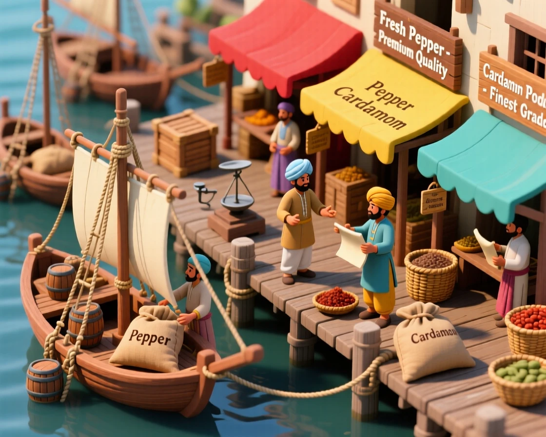 A colonial Indian spice port with ships loading pepper and cardamom, merchants haggling beneath colorful awnings.