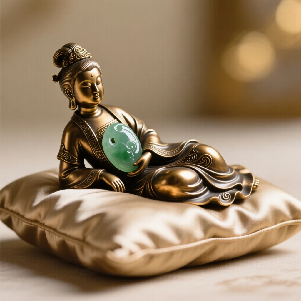 A carved jade figurine resting on a silk cushion, set against a soft, elegant background, radiating elegance and refinement
