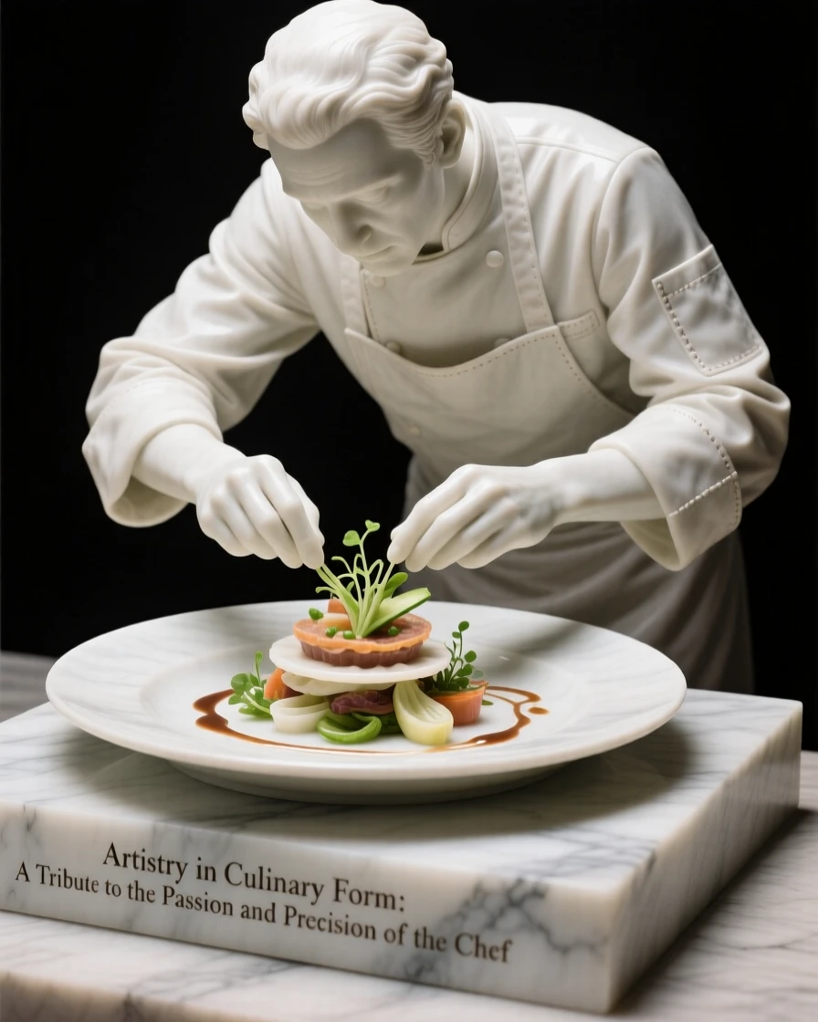 An evocative depiction of a chef plating a beautifully arranged dish, surrounded by soft, glowing light, balancing detail with emotional depth