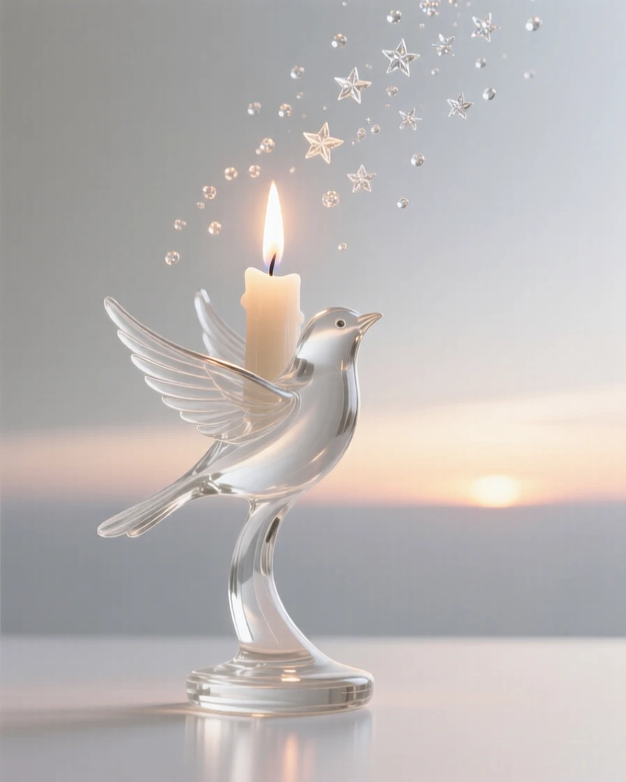 A candle flame shaped like a small rising bird beneath a horizon glowing with the first light of dawn, while small particles drift upward like scattered stars