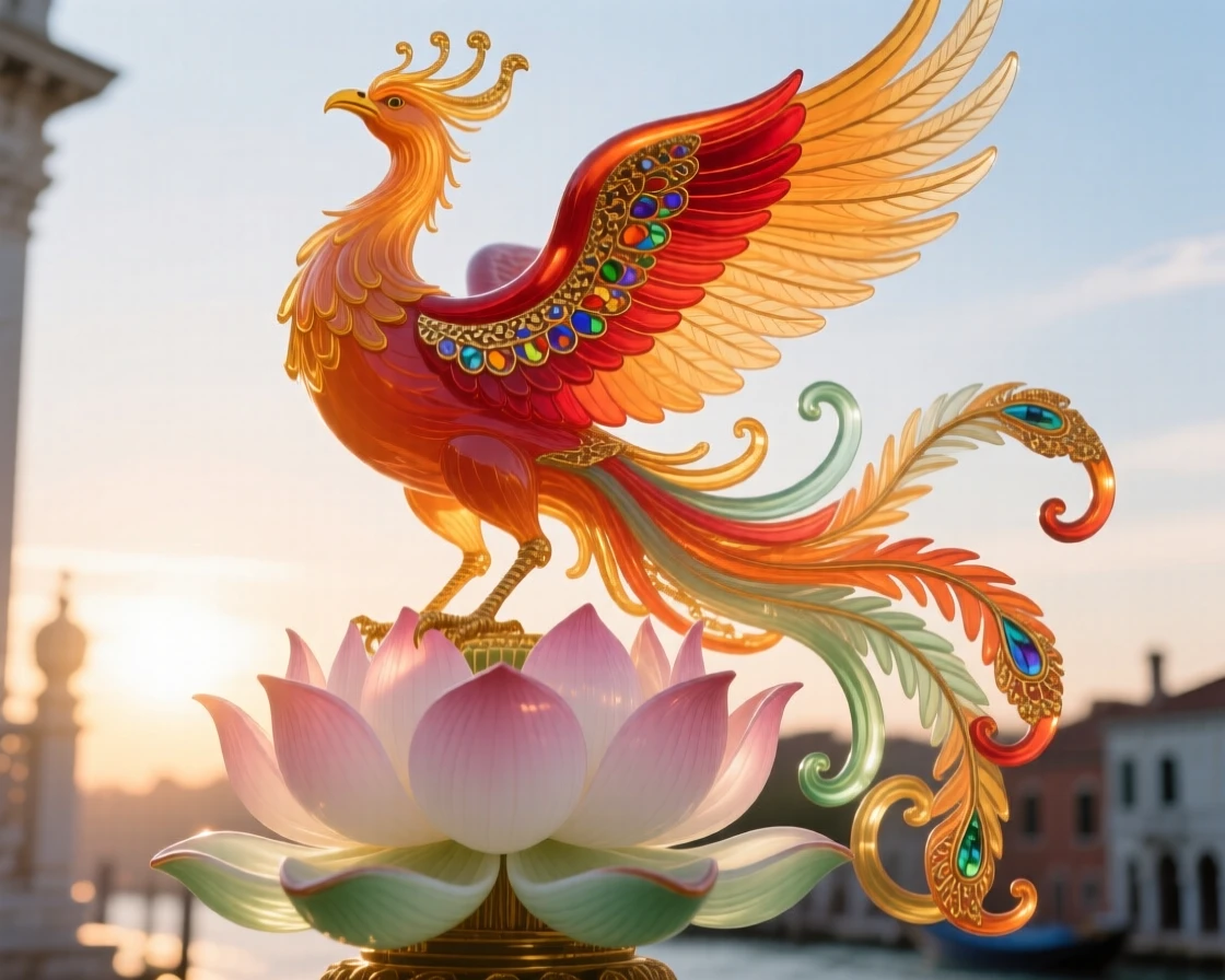 A grand phoenix perched atop a blooming lotus temple at the very first light of morning, sacred and radiant.