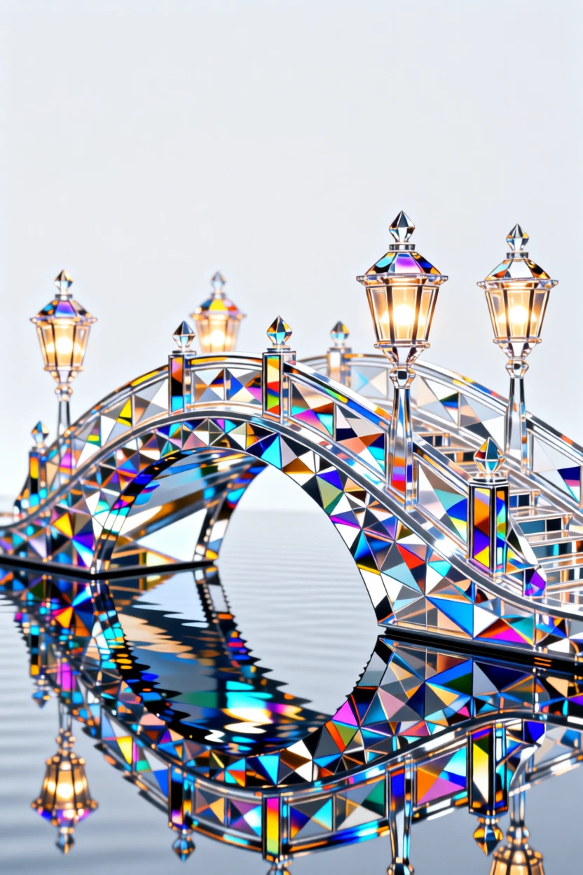 A dreamlike bridge of glowing lanterns arching over a mirror-still lake.