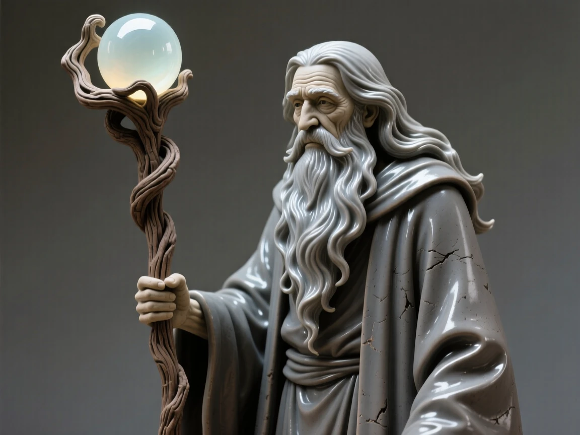 A wise old wizard leaning on a gnarled staff coiled protectively around a glowing orb, with a mane that flows like liquid silver, stirring a sense of awe and quiet reverence.