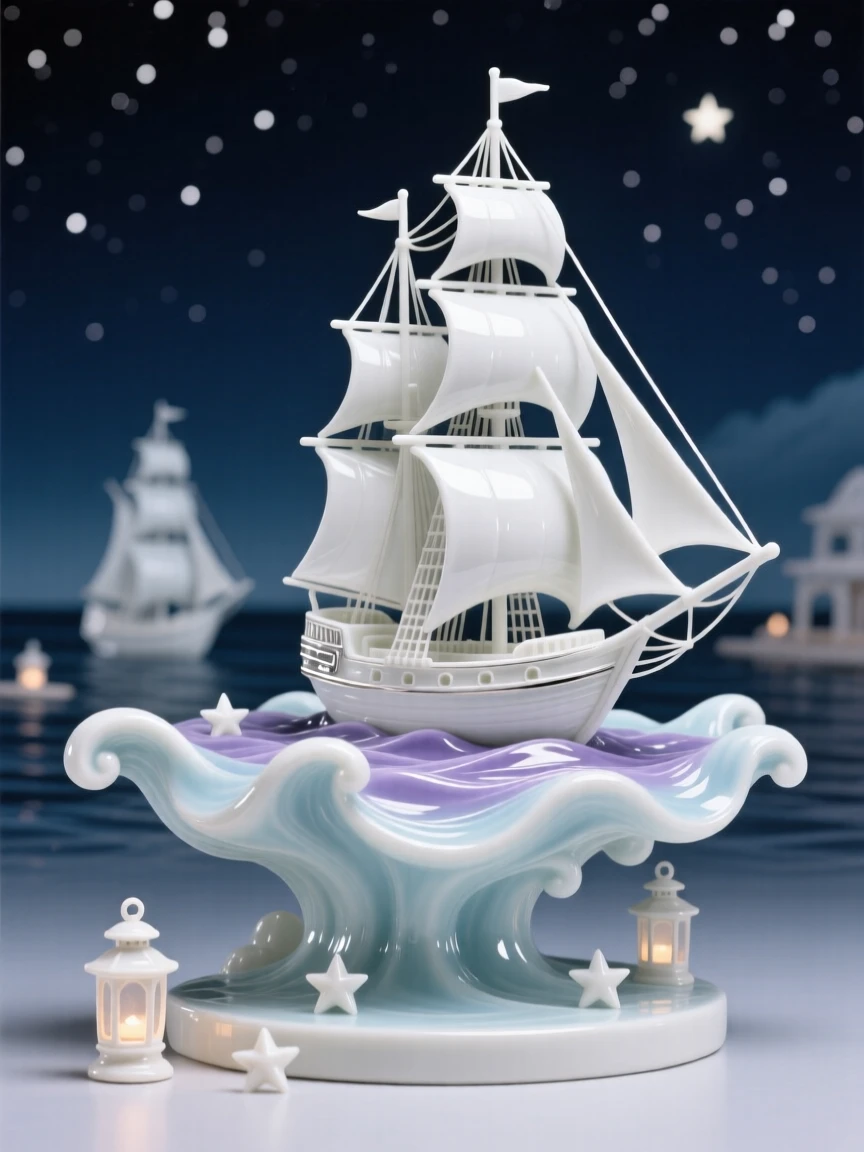 An imaginative vision of a harbor where ships sail gently through the night sky, full of quiet grandeur and imaginative detail.
