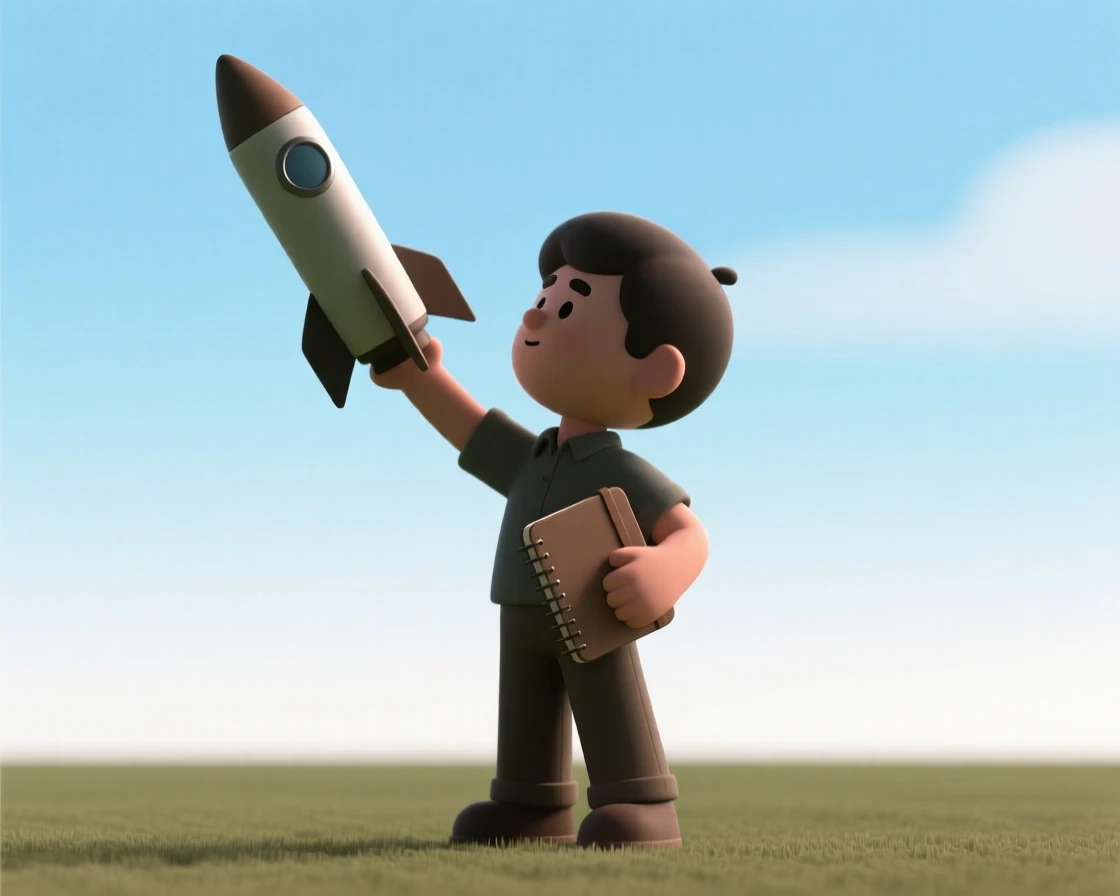 A determined young inventor launches a bottle rocket into a clear afternoon sky, notebook of designs tucked under one arm.